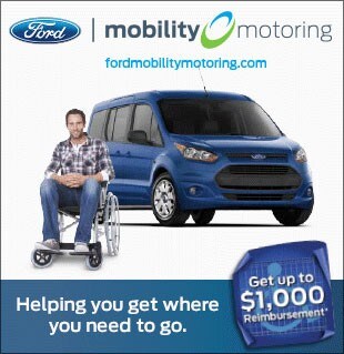 Man in wheelchair in front of Ford Transit and offer to get up to 1000 dollars reimbursement with Ford Mobility Motoring