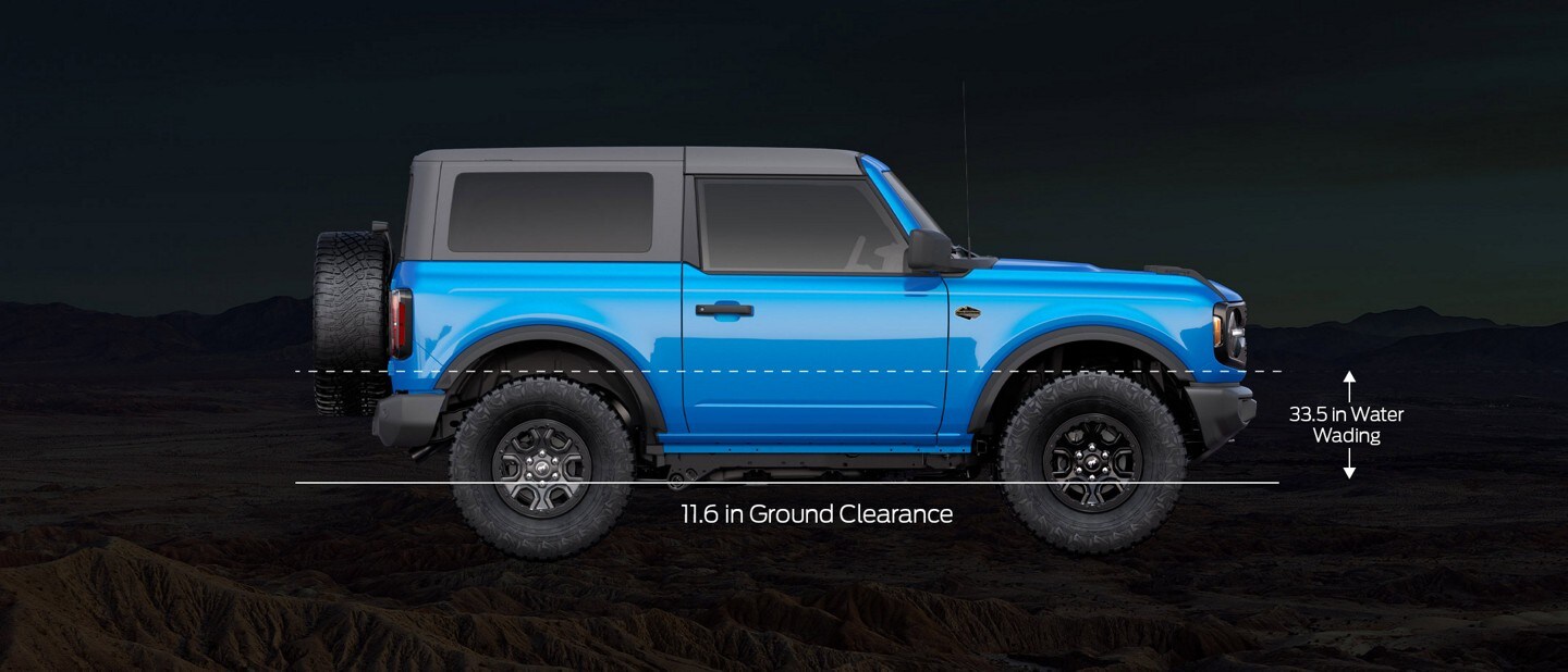 Two-door 2023 Ford Bronco® Wildtrak® in Velocity Blue with clearance diagrams