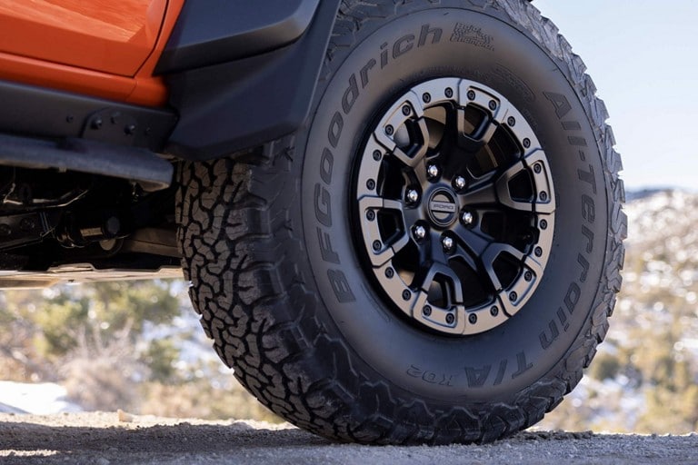 2023 Ford Bronco® Raptor® with 37-inch all-terrain tires on 17-inch alloy wheels