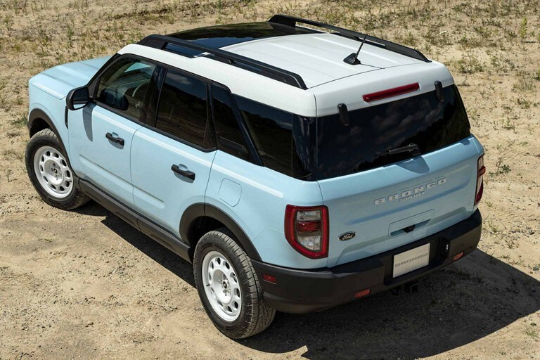 Overhead view of a 2024 Ford Bronco® Sport Heritage SUV with an Oxford White Roof and Wheels
