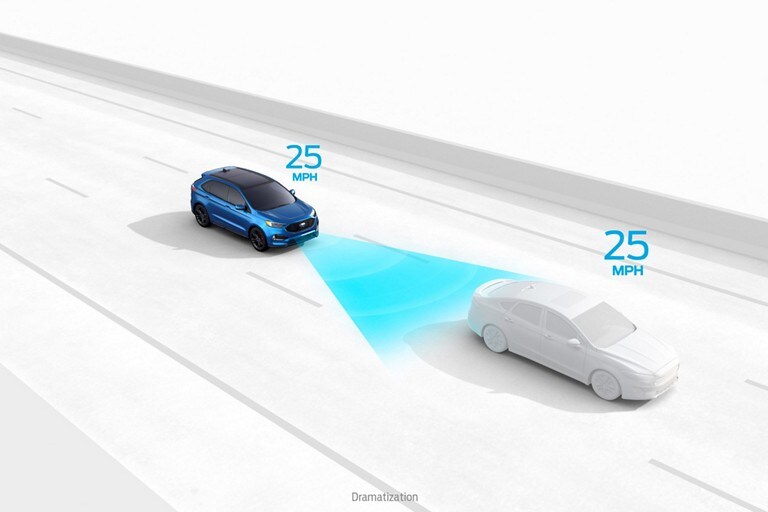 Graphic depicting Adaptive Cruise Control with Stop-and-Go, navigation and Evasive Steering Assist