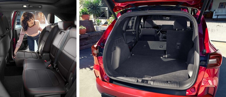 Vista interior de los asientos deslizables de la segunda fila y vista interior de la Ford Escape® ST-Line Elite 2023 con los asientos de la segunda fila plegados