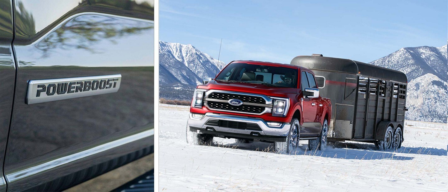 Split image of a close-up of the Powerboost emblem and a 2023 Ford F-150® Hybrid pulling a trailer in the snow