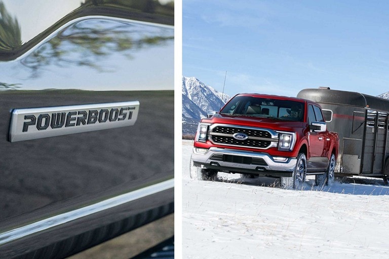 Split image of a close-up of the Powerboost emblem and a 2023 Ford F-150® Hybrid pulling a trailer in the snow