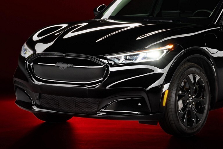 Dramatic image of the new Mustang Mach E Nite Pony package, in black.