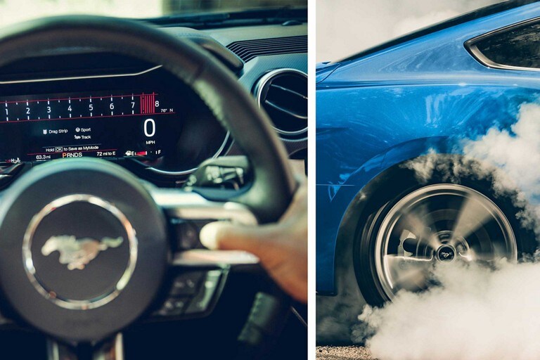 Split-screen of a close-up of a 2023 Ford Mustang® steering wheel and a 2023 Ford Mustang® with spinning tires