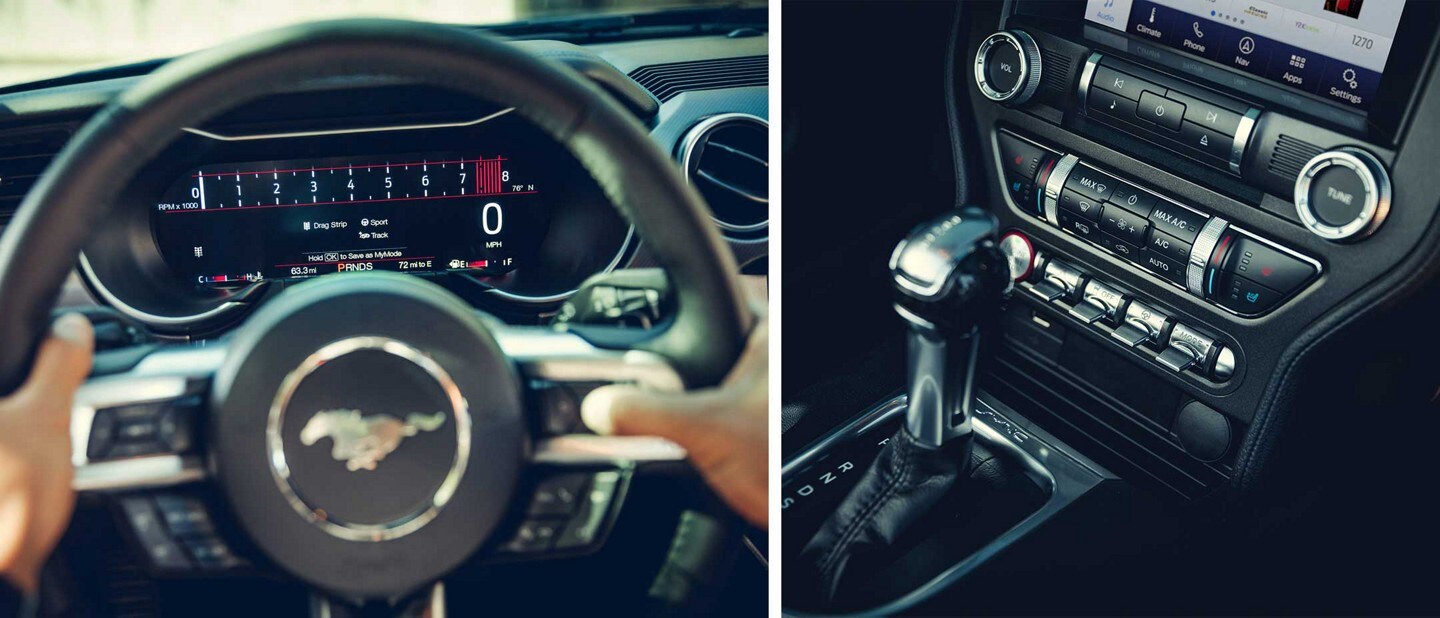 Pantalla dividida con el volante de una Ford Mustang® Coupe 2023 a la izquierda y la consola central a la derecha