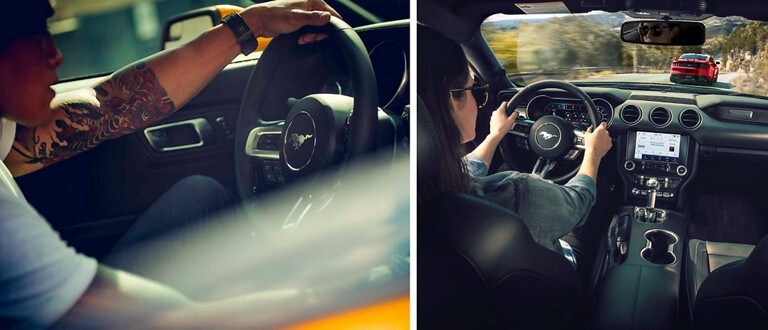 Left side, person driving a 2023 Ford Mustang® coupe. Right side, 2023 Ford Mustang coupe with a person driving