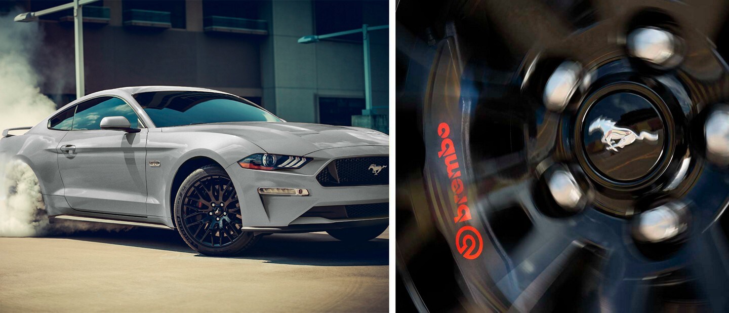 A la izquierda se muestra una Ford Mustang® Coupe 2023 quemando neumáticos. A la derecha se muestra el primer plano de los frenos Brembo™