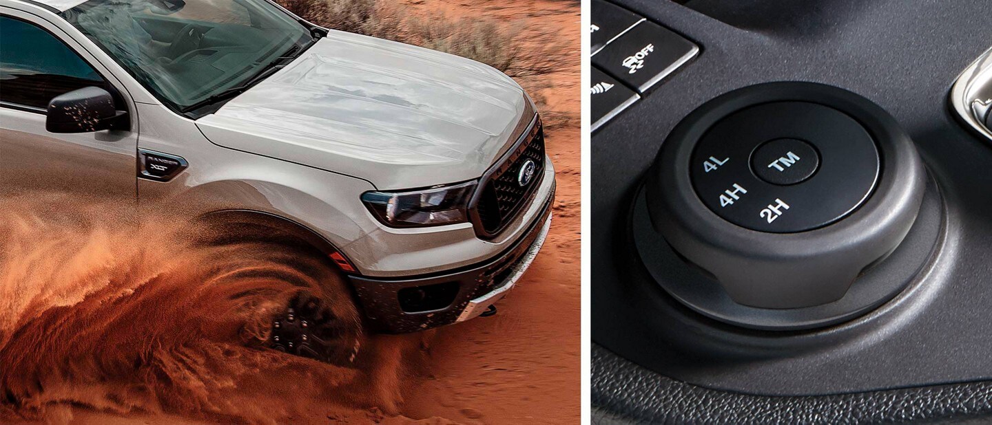 Una Ford Ranger 2023 circulando por la arena junto con un primer plano de los modos de manejo disponibles