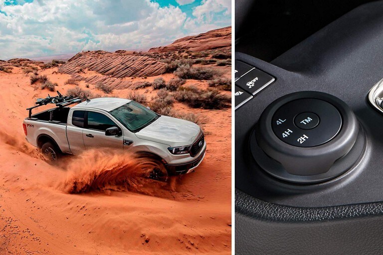 Una Ford Ranger 2023 circulando por la arena junto con un primer plano de los modos de manejo disponibles