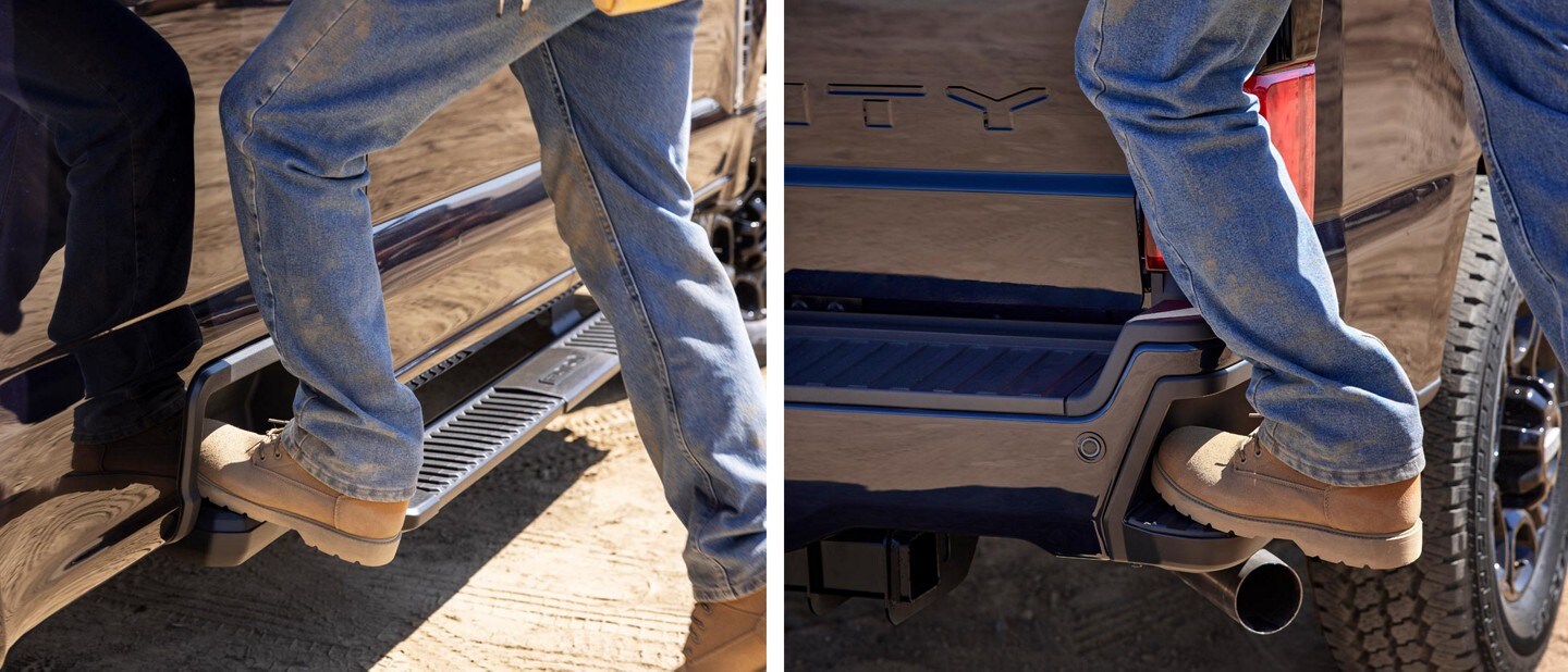 Close-up split image of box side step and rear bumper step