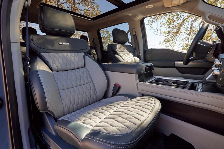 Two-tone Limited Admiral Blue and Light Slate leather seats in a 2023 Ford Super Duty® Limited model