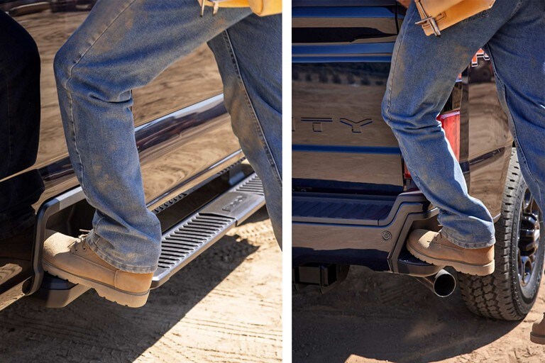 Side-by-side image of a person using the rear bumper step and integrated box-side step
