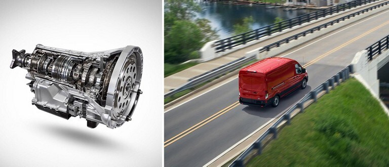 A split screen of the 10-speed transmission on the left and a Transit® van being driven down the road on the right