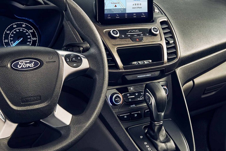 Interior of 2023 Ford Transit Connect Passenger Wagon showing available technology