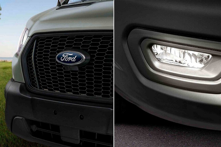 Fotos de la parrilla y los faros delanteros de una van Ford Transit® 2023