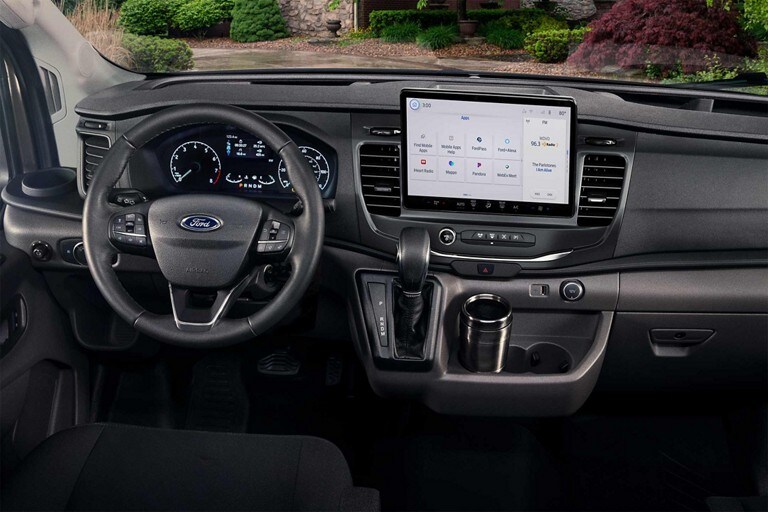 Interior of the 2023 Ford Transit® van highlighting SYNC® 4 screen