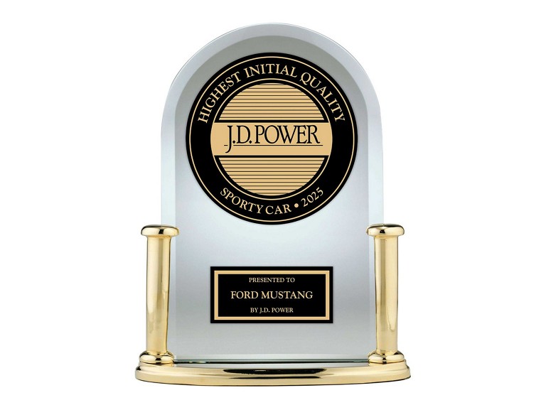 J.D Power Award trophy showcasing the 2025 Ford Mustang