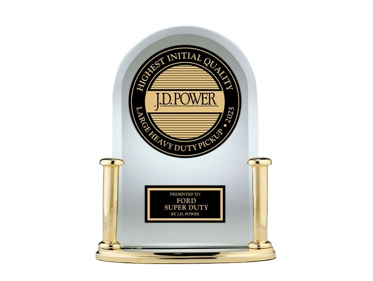 J.D Power Award trophy showcasing the 2025 Ford Super Duty