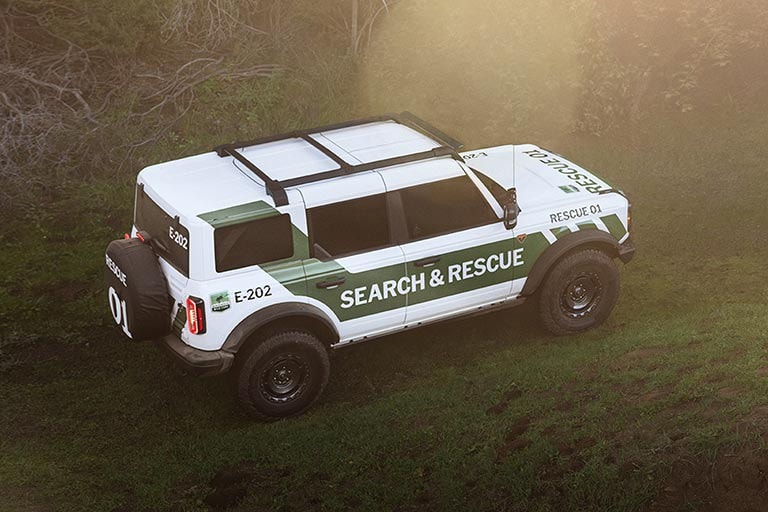 Ford Bronco Search & Rescue vehicle driving in the wilderness