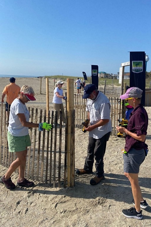 People building dune fences on a beach.
