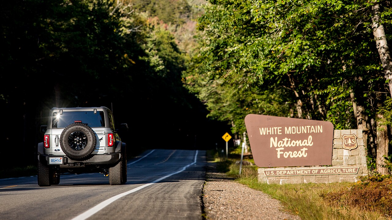 Bronco® SUV being driven past a National Forest sign