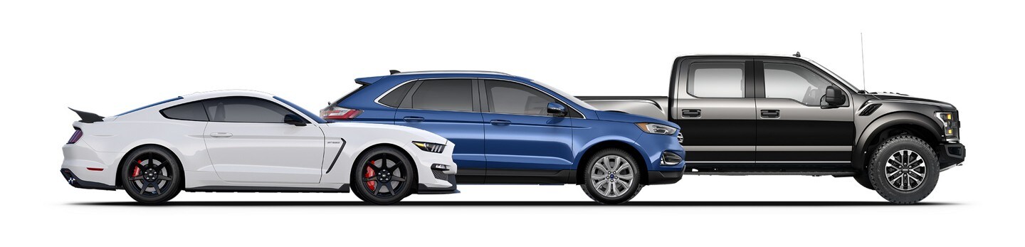 A White Ford Mustang, blue Ford Ford Edge, and a black Ford F-150 sitting next to each other