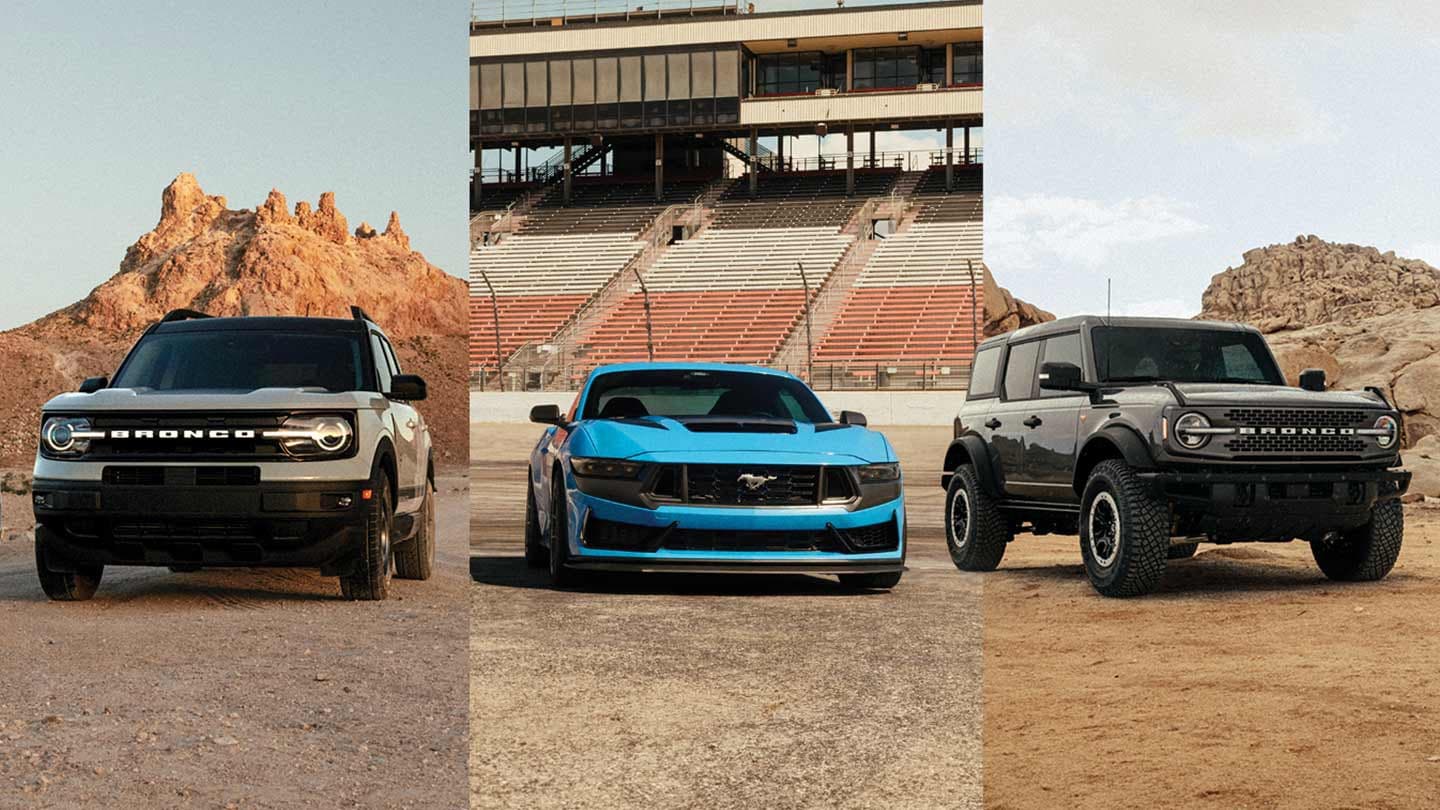 A split screen shot of a Ford Bronco®, Mustang®, and Bronco® Sport