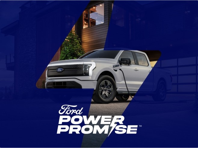 A Ford F-150 Lightning® charging at home with a Ford Power Promise icon overlaid