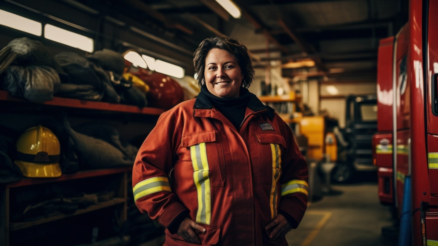 Woman firefighter standing smilling in firehall