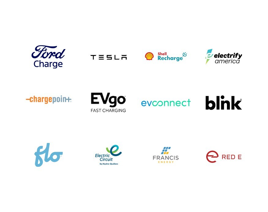 Various electric vehicle charging network logos