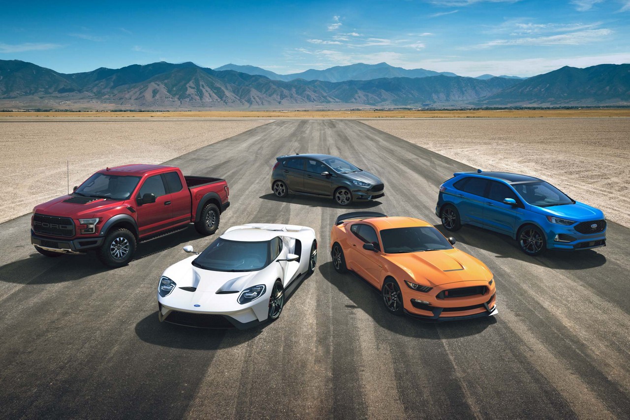 A lineup of 2019 Ford performance vehicles