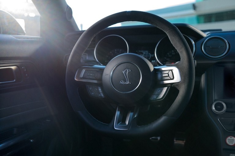 Close up view of a 2019 Ford G T 350 steering wheel