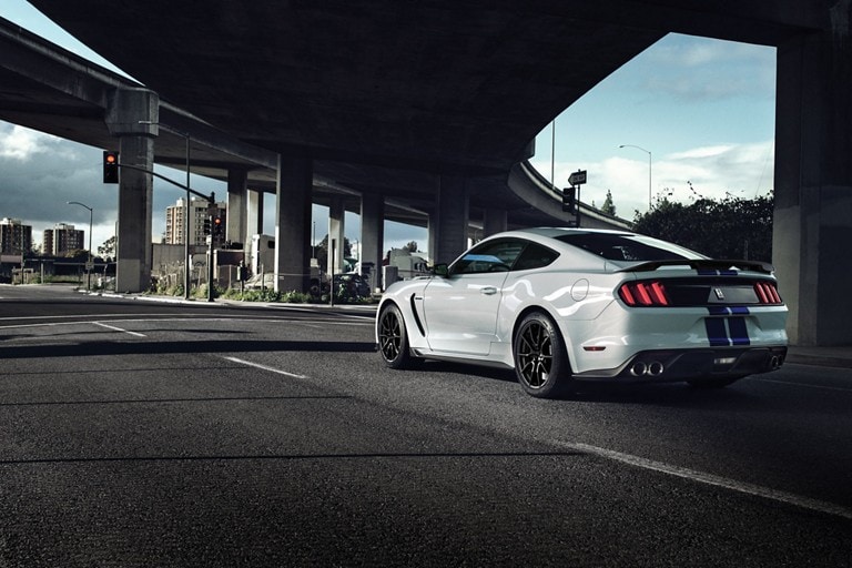 2019 Shelby G T 350 shown from the rear while driving under a freeway overpass