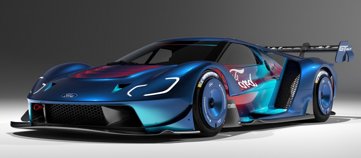 A blue 2023 Ford GT Mark Four seen from a front three quarter view