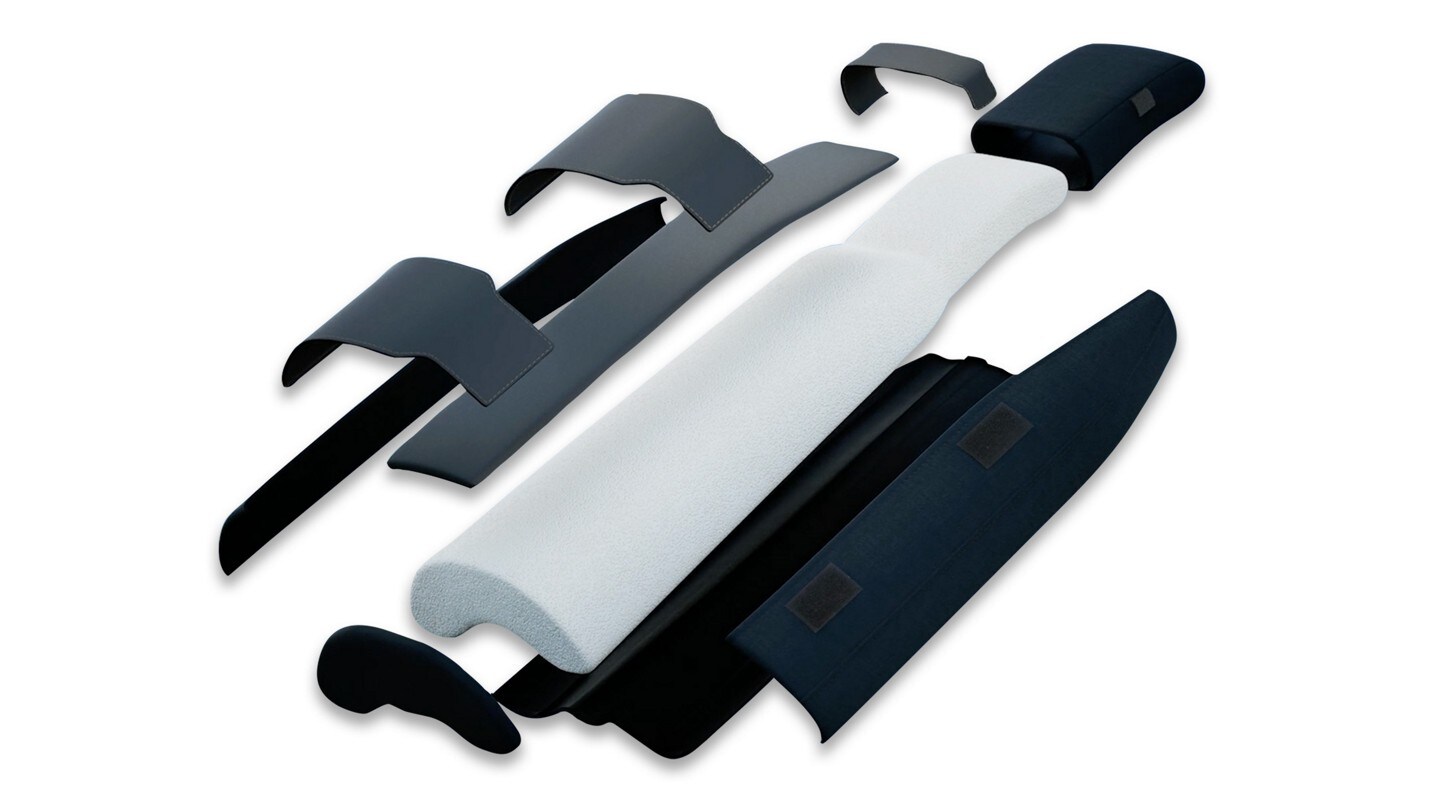 Detailed view showing key materials that make up the Ford SupportBelt seat belt accessory. 
