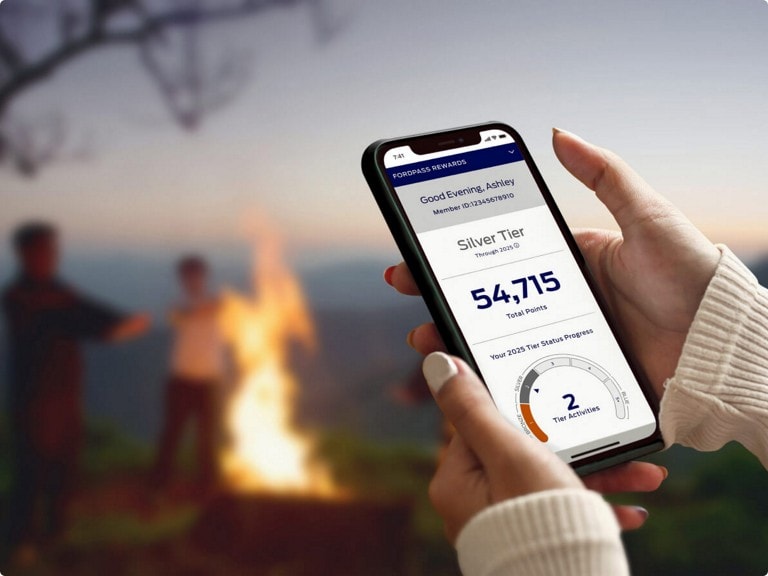 Close-up of a driver’s hands holding a mobile device with FordPass® Rewards Points details near some friends and a bonfire.
