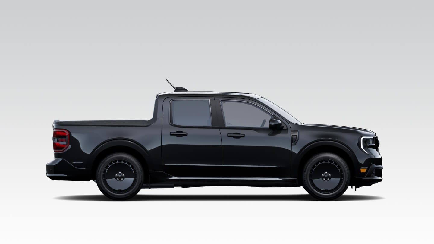 Photo illustration of the side view of a black 2024 Ford Maverick truck.