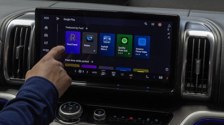 A Ford vehicle technology screen showing the Spotify, Prime Video, and YouTube app icons, plus a few others. Screen may vary.
