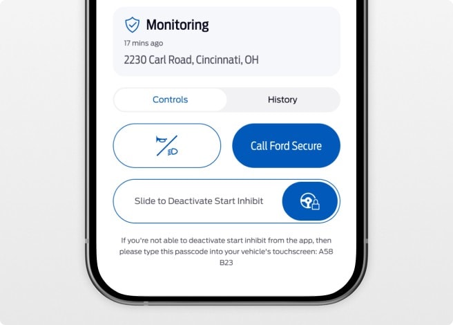 Screenshot of the Start Inhibit feature on the FordPass app.