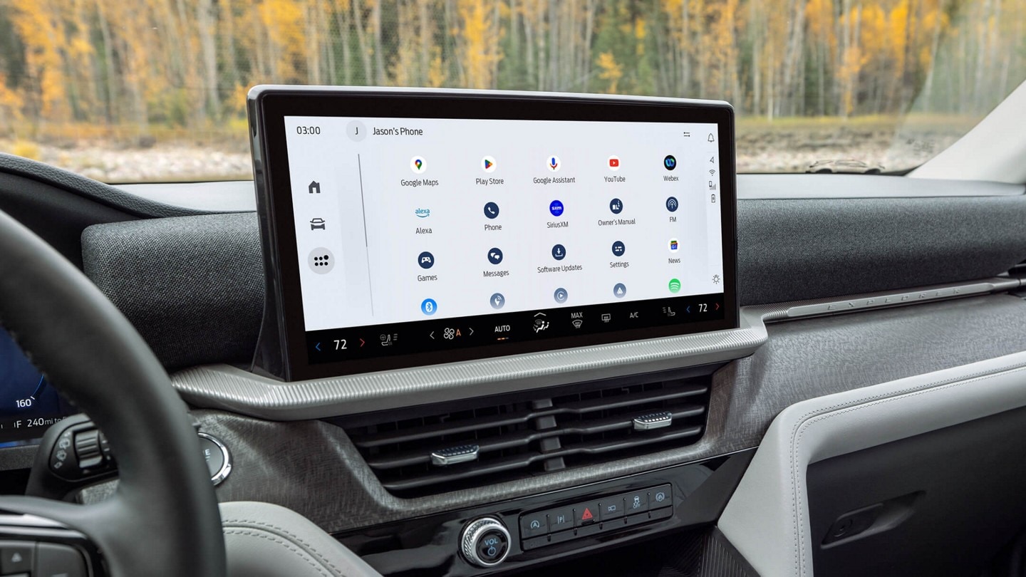 Interior view of a 2025 Ford Explorer® Platinum SUV touchscreen showing available apps like Alexa, Google Maps, and YouTube.