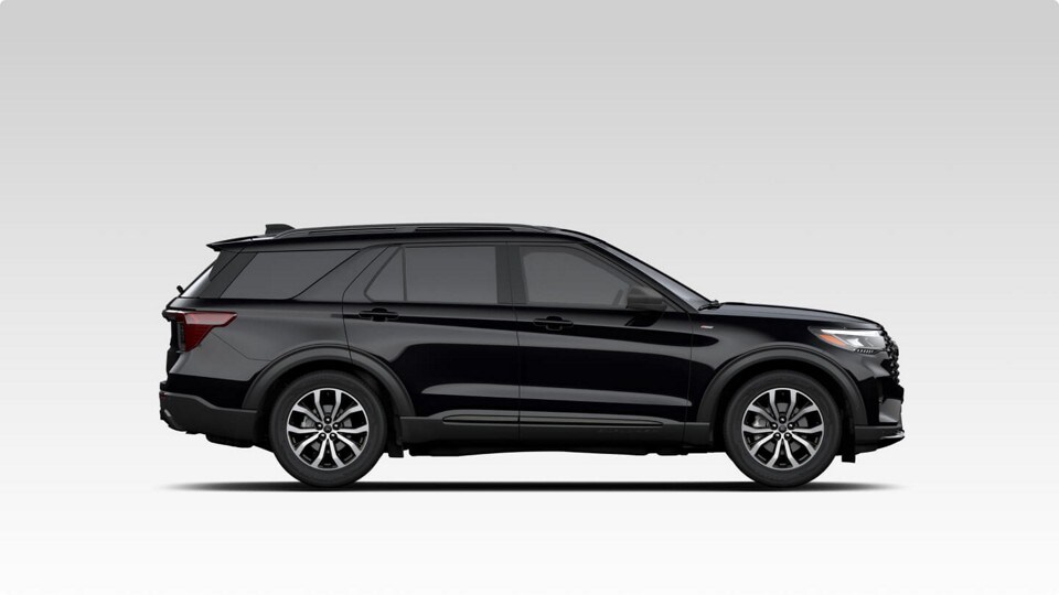 Photo illustration of the side view of a black 2025 Ford Explorer® ST-Line SUV.