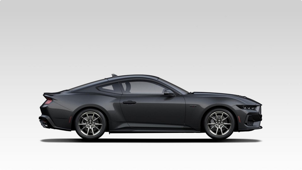Photo illustration of the side view of a black 2024 Ford Mustang® GT Premium Fastback coupe.