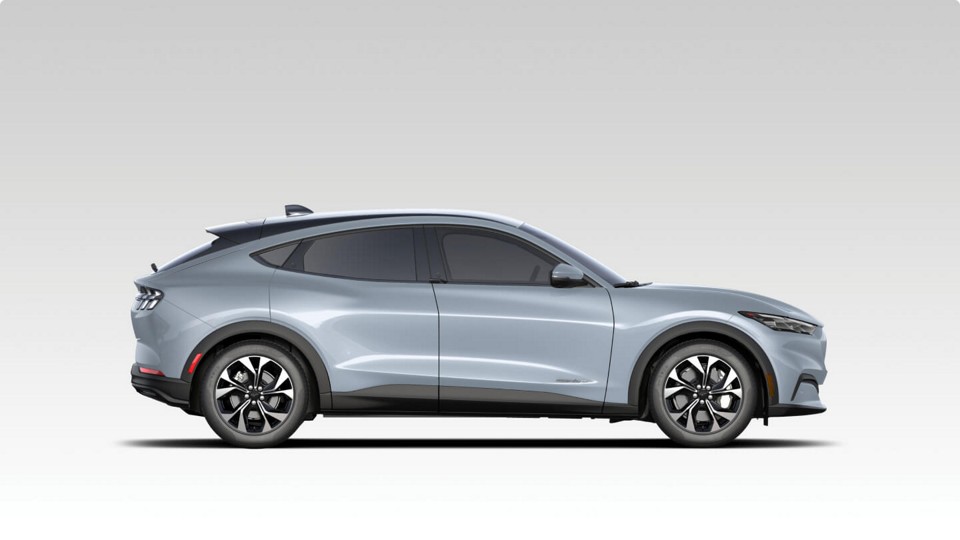 Photo illustration of the side view of a blue 2024 Ford Mustang Mach-E® SUV.