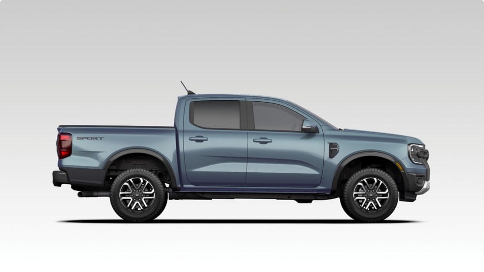 Photo illustration of the side view of a blue 2024 Ford Ranger® LARIAT® truck.