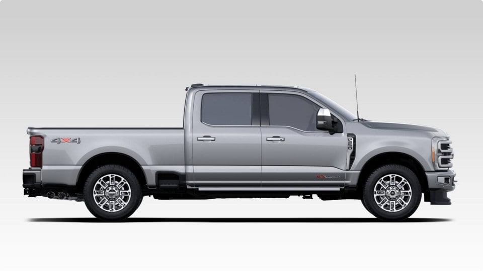 Photo illustration of the side view of a silver 2024 Ford Super Duty® Limited truck.
