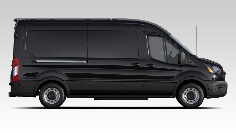 Photo illustration of the side view of a black 2024 Ford Transit® Commercial van.