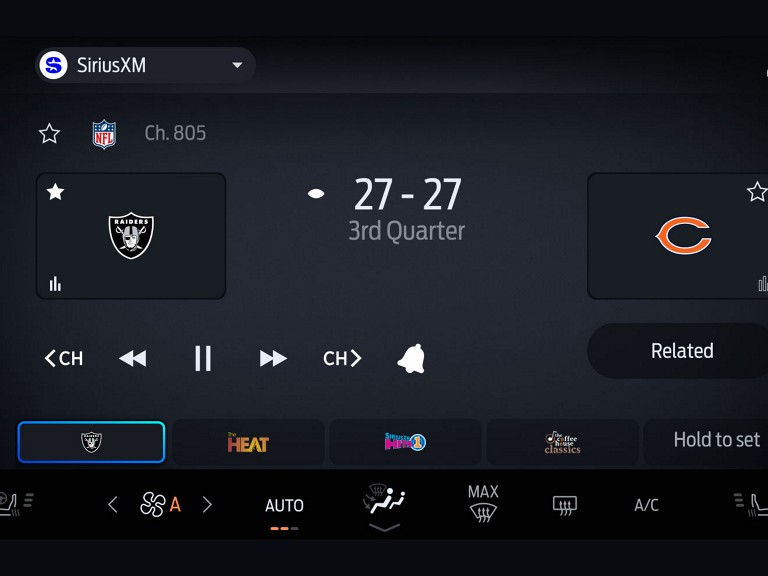 SiriusXM black in-vehicle technology screen with sports options displayed.