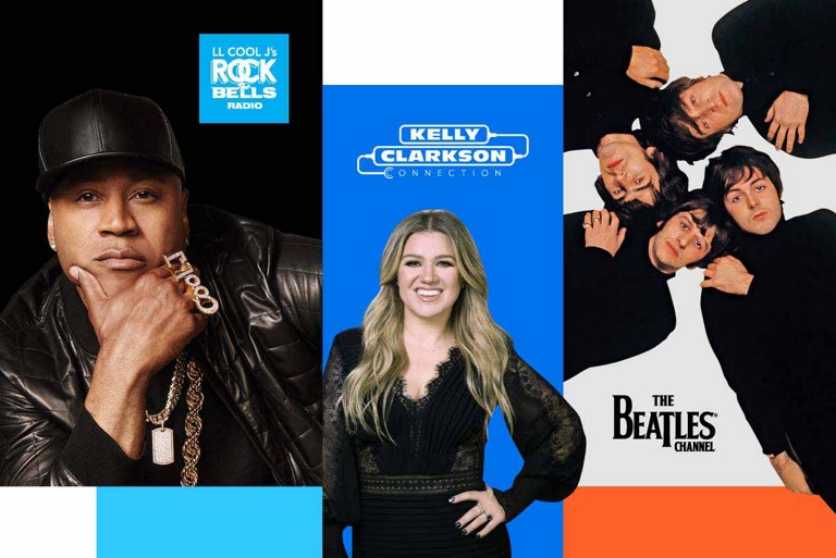 Three columns with celebrities LL Cool J, Kelly Clarkson, and The Beatles with corresponding SiriusXM music channel logos.